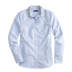 J.Crew Oxford Button Up Shirt Embellished Cotton Peter Pan Collar Jeweled